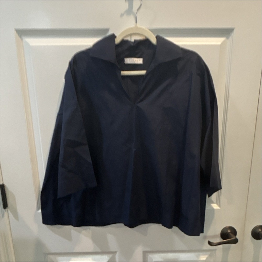 NWOT Crimson Designer British Blue Cotton V-Neck Pullover Capri Shirt One Size